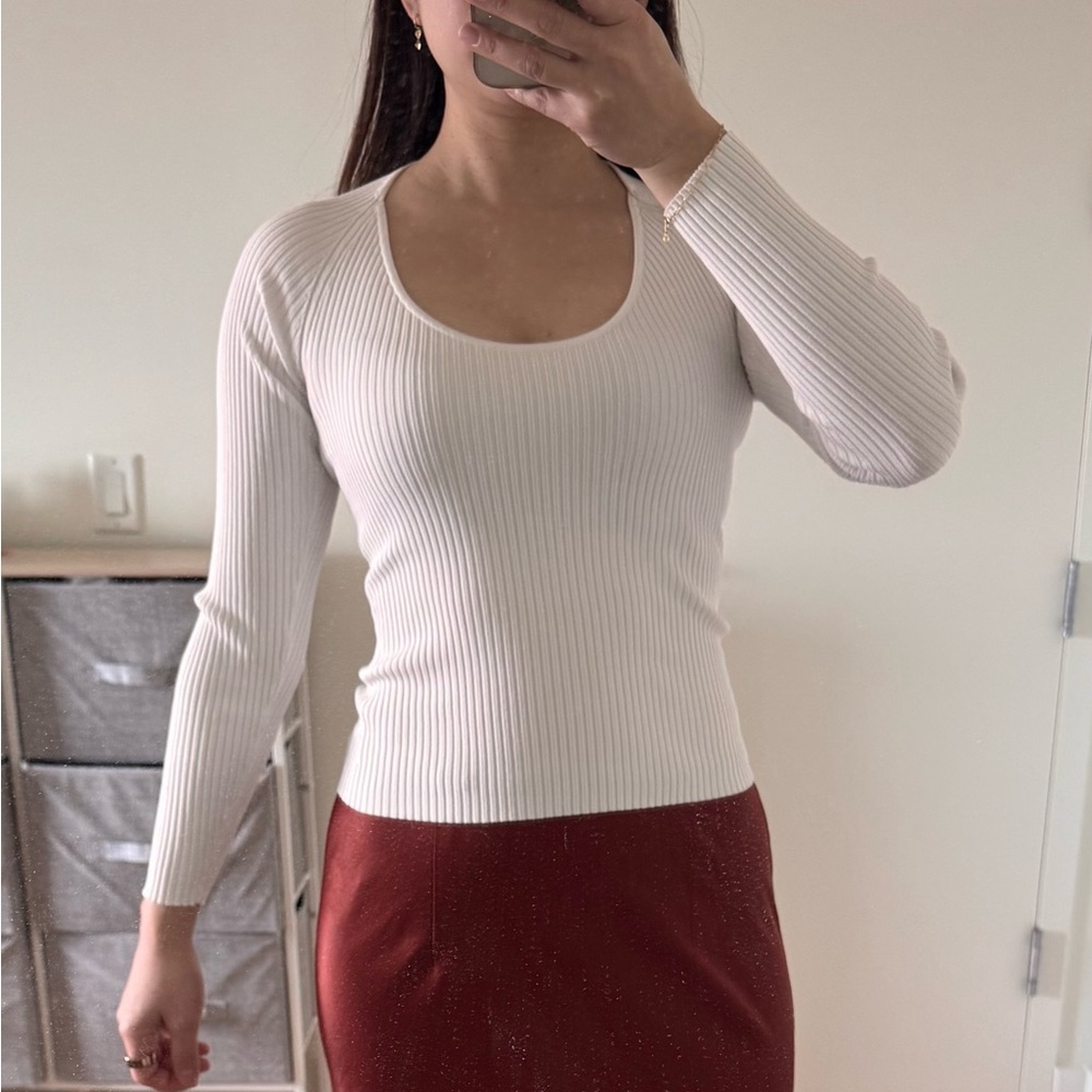 A.L.C. White Ribbed Long Sleeve Scoop Neck Top - XS